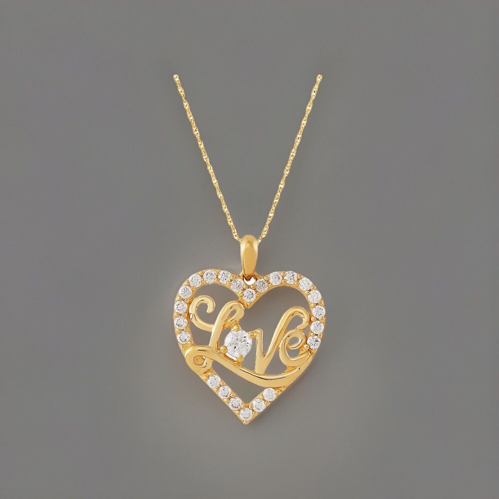 BRILLIANCE 10 KT Yellow Gold Heart Love Simulated Diamonds On Gold Filled Chain